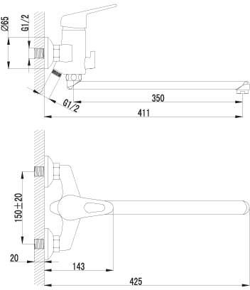 смеситель ванна LEMARK Luna плоский излив 350мм, дивертор с керамич.пласт, аксессуары LM4151C
