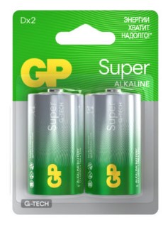 Алкалиновые батарейки GP Super Alkaline G-Tech 13А типоразмера D - 2 шт. на блистере