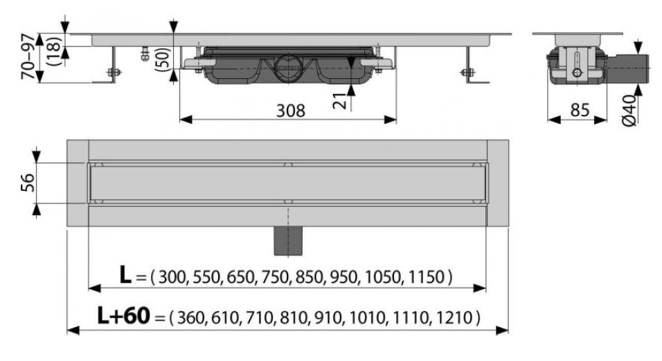 комплект водоотводящего желоба без порогов с решеткой под кладку плитки Alcadrain APZ115-1050 LOW