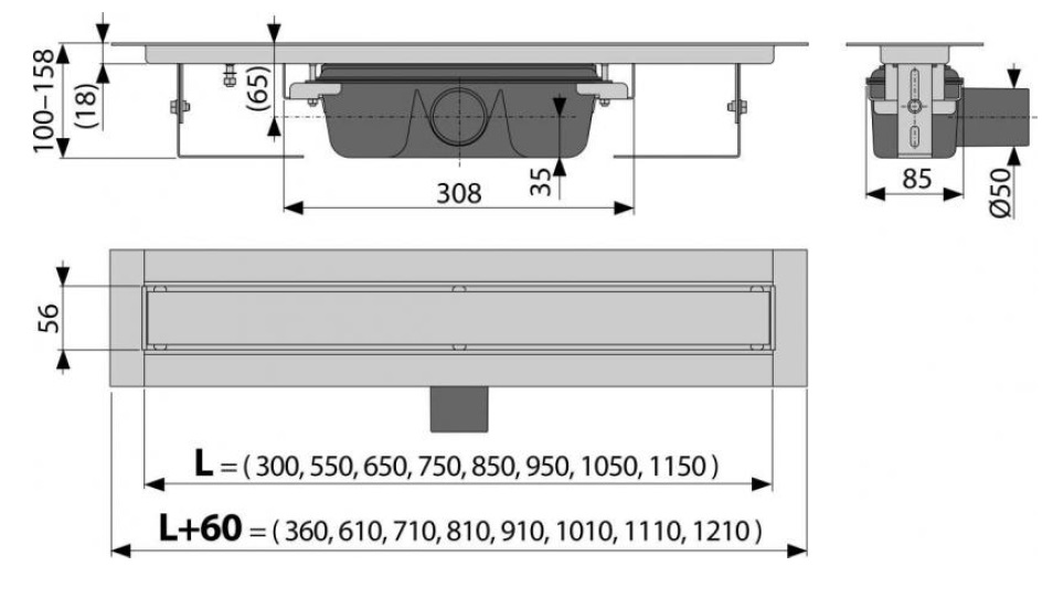 комплект водоотводящего желоба без порогов с решеткой под кладку плитки Alcadrain APZ15-1150