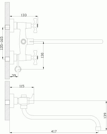 смеситель ванна ROSSINKA с круглым изливом 350мм, с держателем на теле, керамика, H02-84