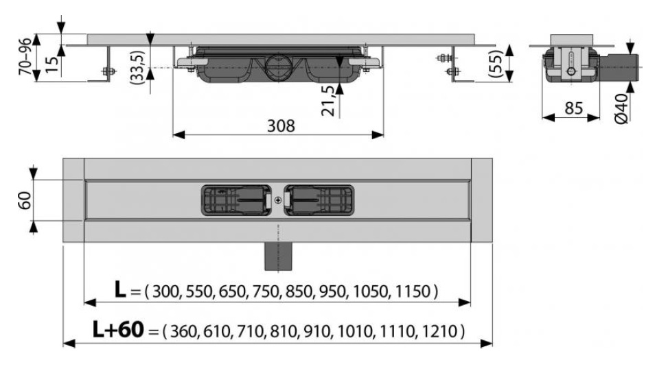 водоотводящий желоб с порогами для перфор. решетки с горизонтальным стоком Alcadrain APZ101-1050 LOW