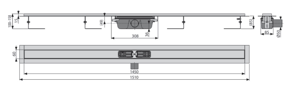 водоотводящий желоб с порогами для перфор. решетки с горизонтальным стоком Alcadrain APZ1S-1450