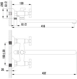 смеситель ванна LEMARK Benefit плоский излив 350мм, дивертор с керам. пласт, аксессуары LM2512C