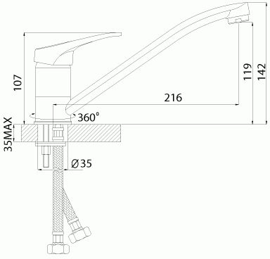 смеситель кухня ROSSINKA картридж д.35мм, с поворотным изливом 250мм,  B35-21U