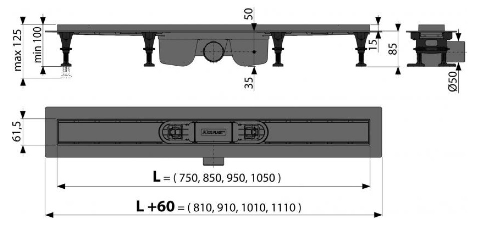 водоотводящий желоб с порогами для перфор.реш. или реш.под кладку плитки пласт. Alcadrain APZ12-1050