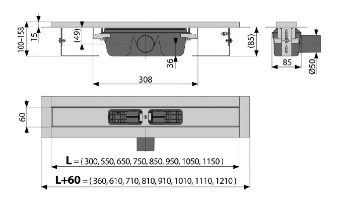 водоотводящий желоб с порогами для перфор. решетки с горизонтальным стоком Alcadrain APZ1S-950