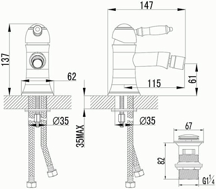 смеситель биде LEMARK Villa картридж 35мм с донным клапаном, бронза LM4808B
