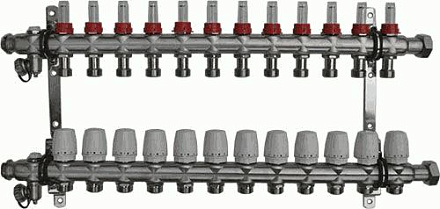 коллек. блок нерж.1" с накидной гайкой (расх-ми., регул. и дрен. клапанами, кронш.)12 вых. (14265)