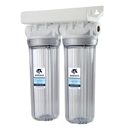 корпус двойной 10" для холодной воды прозрачный, подключение 1/2" Unicorn FH2P 1/2 DUO