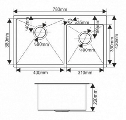 кухонная мойка премиум 780*430 (3 мм) глубина 22см. нерж. сталь PVD графит (K37843B-S) Gerhans