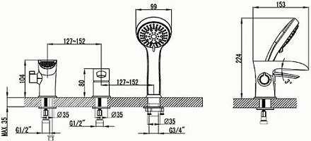смеситель ванна LEMARK Atlantiss на 3 отв.,с каскадным изливом LM3245С