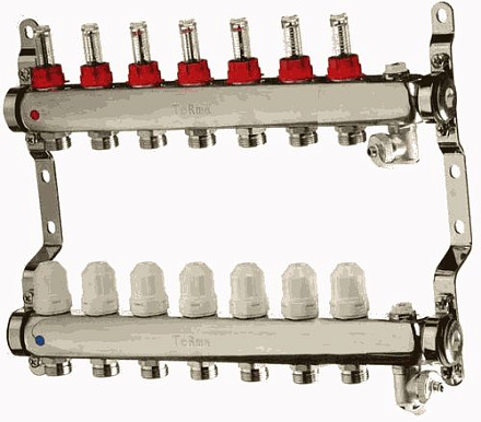 коллек. блок нерж.1" с регулиров. клапанами и расходомер., воздухоотв., дрен., крон. 7вых. (14107)