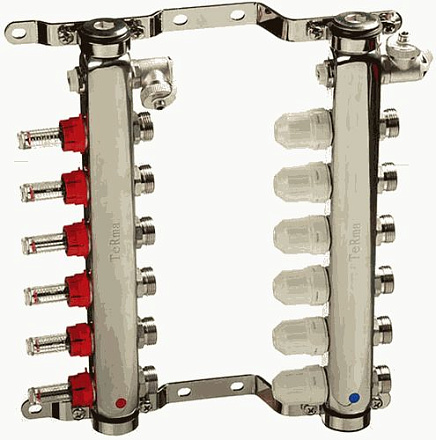 коллек. блок нерж.1" с регулиров. клапанами и расходомер., воздухоотв., дрен., крон. 6вых. (14106)