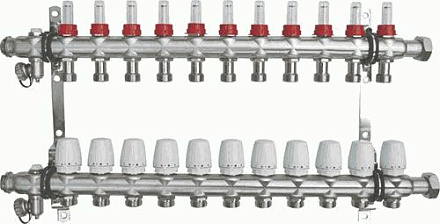 коллек. блок нерж.1" с накидной гайкой (расх-ми., регул. и дрен. клапанами, кронш.)11 вых. (14264)