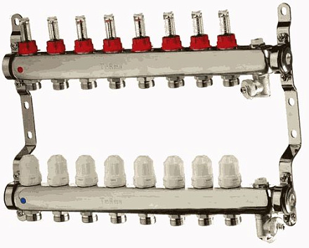 коллек. блок нерж.1" с регулиров. клапанами и расходомер., воздухоотв., дрен., крон. 8вых. (14108)