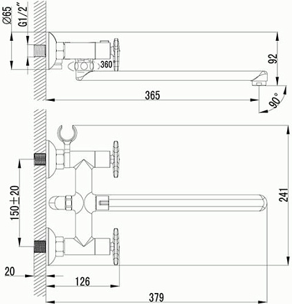 смеситель ванна LEMARK Plus Spirit плоский излив 300мм, дивертор с керам. пласт, аксессуары LM1951C
