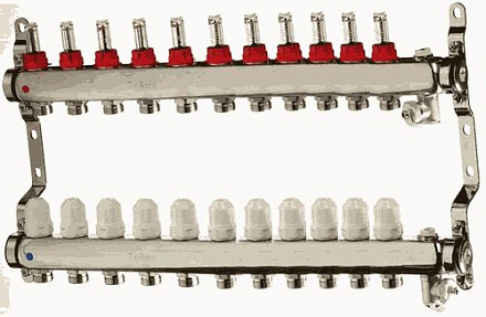 коллек. блок нерж.1" с регулиров. клапанами и расходомер., воздухоотв., дрен., крон. 11вых. (14111)