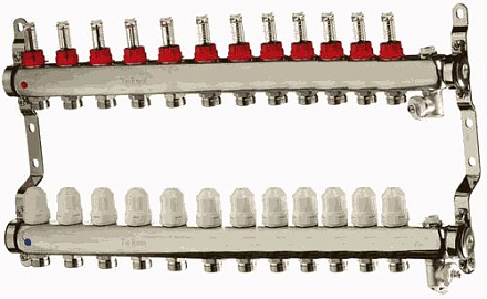 коллек. блок нерж.1" с регулиров. клапанами и расходомер., воздухоотв., дрен., крон. 12вых. (14112)
