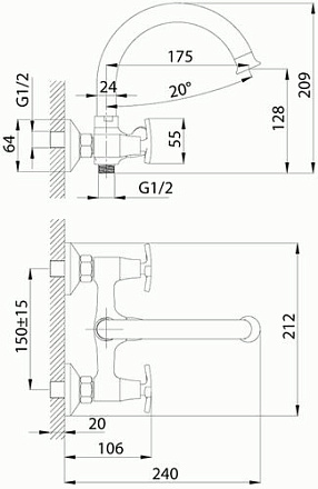 смеситель ванна ROSSINKA с поворотным изливом 175мм дивертер керамика RS40-83 