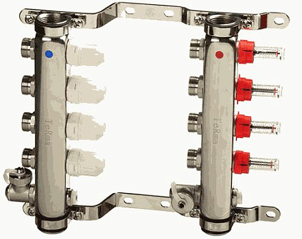коллек. блок нерж.1" с регулиров. клапанами и расходомер., воздухоотв., дрен., крон. 4вых. (14104)