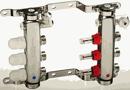 коллек. блок нерж.1" с регулиров. клапанами и расходомер., воздухоотв., дрен., крон. 3вых. (14103)