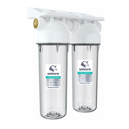 корпус двойной 10" для холодной воды прозрачный, подключение 3/4" Unicorn KSBP 3/4  DUO