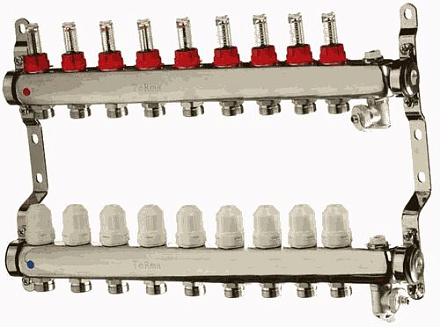 коллек. блок нерж.1" с регулиров. клапанами и расходомер., воздухоотв., дрен., крон. 9вых. (14109)