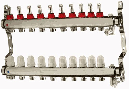 коллек. блок нерж.1" с регулиров. клапанами и расходомер., воздухоотв., дрен., крон. 10вых. (14110)