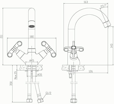 смеситель умывальник ROSSINKA двуручный с поворотным изливом 143мм, хром,  RS42-62